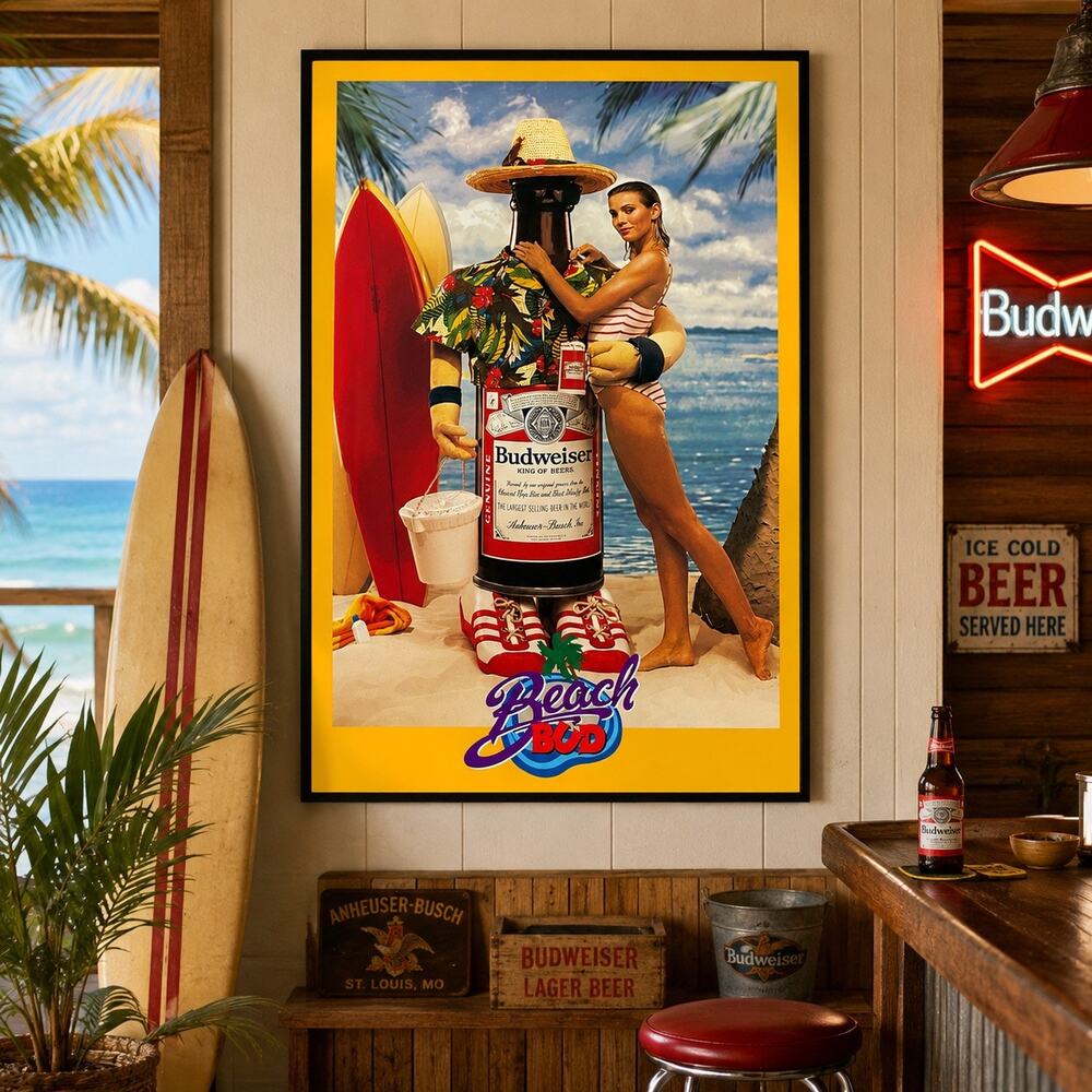 Budweiser Beach Bud Poster Surfer Beer Advertising Anheuser Busch 1980s 22x34